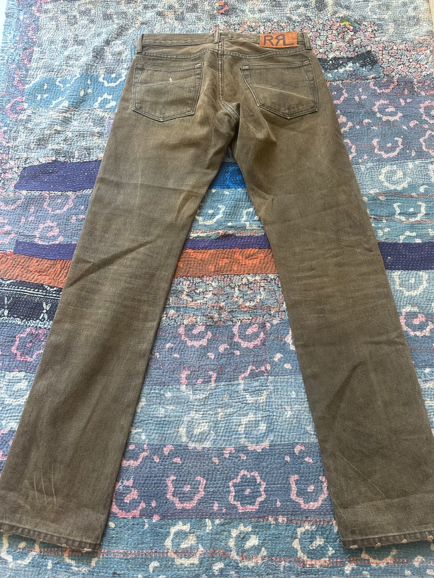 RRL Slim Fit Brownish-Green Distressed Jeans — front