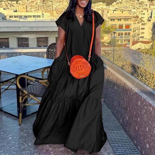 Women Bright Color V Neck Pleated Pocket Sleeve Slit Maxi