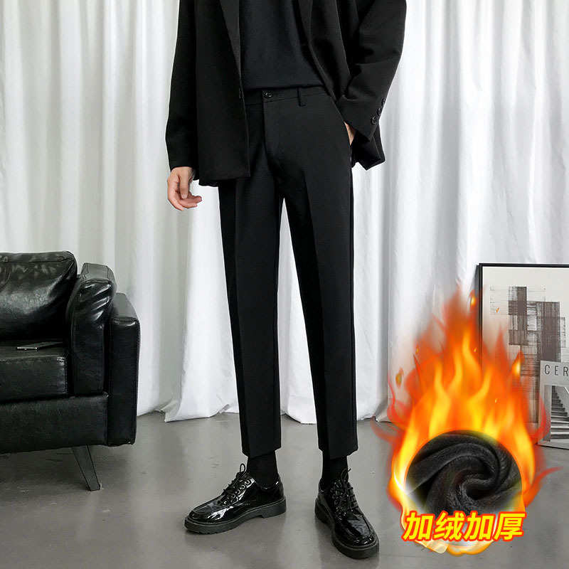 西裤男坠感加绒九分裤修身小脚韩版潮流秋冬休闲裤男士直筒西装裤