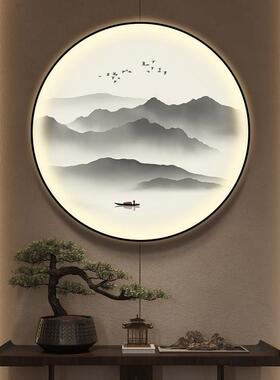 圆形山水画新中式玄关挂画茶室背景墙装饰灯画水墨画茶水间装饰画