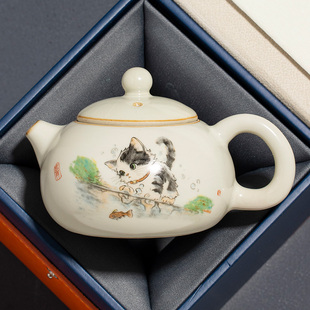 汝窑可爱萌猫茶壶泡茶家用陶瓷功夫茶具单壶定制西施壶过滤泡茶器