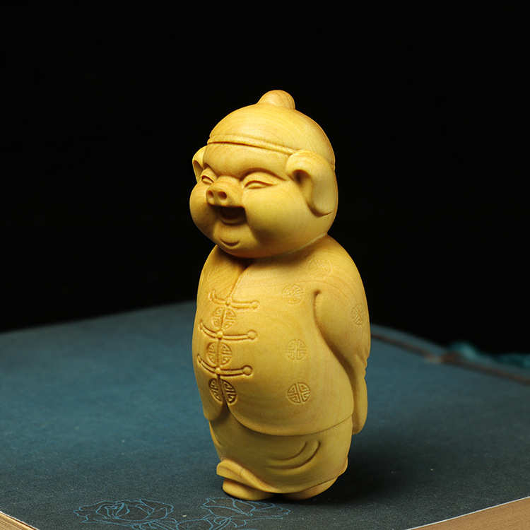 黄杨木雕手把件地主家装摆件把文玩件雕刻工艺品福猪财主