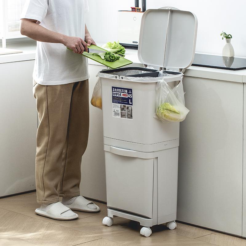 双层类纸60207087垃圾桶家用房带厨轮子干湿分分离有盖塑料篓筒大