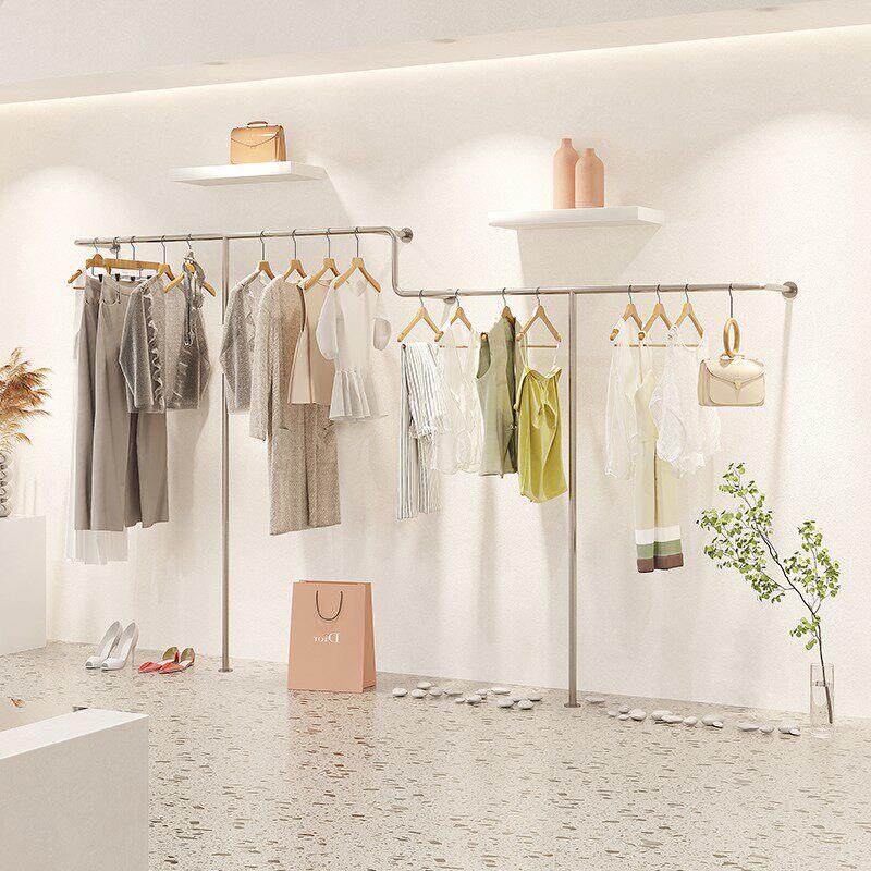 女装店货架服装店展示架不锈钢上墙壁挂式挂衣架童装店陈列架银色