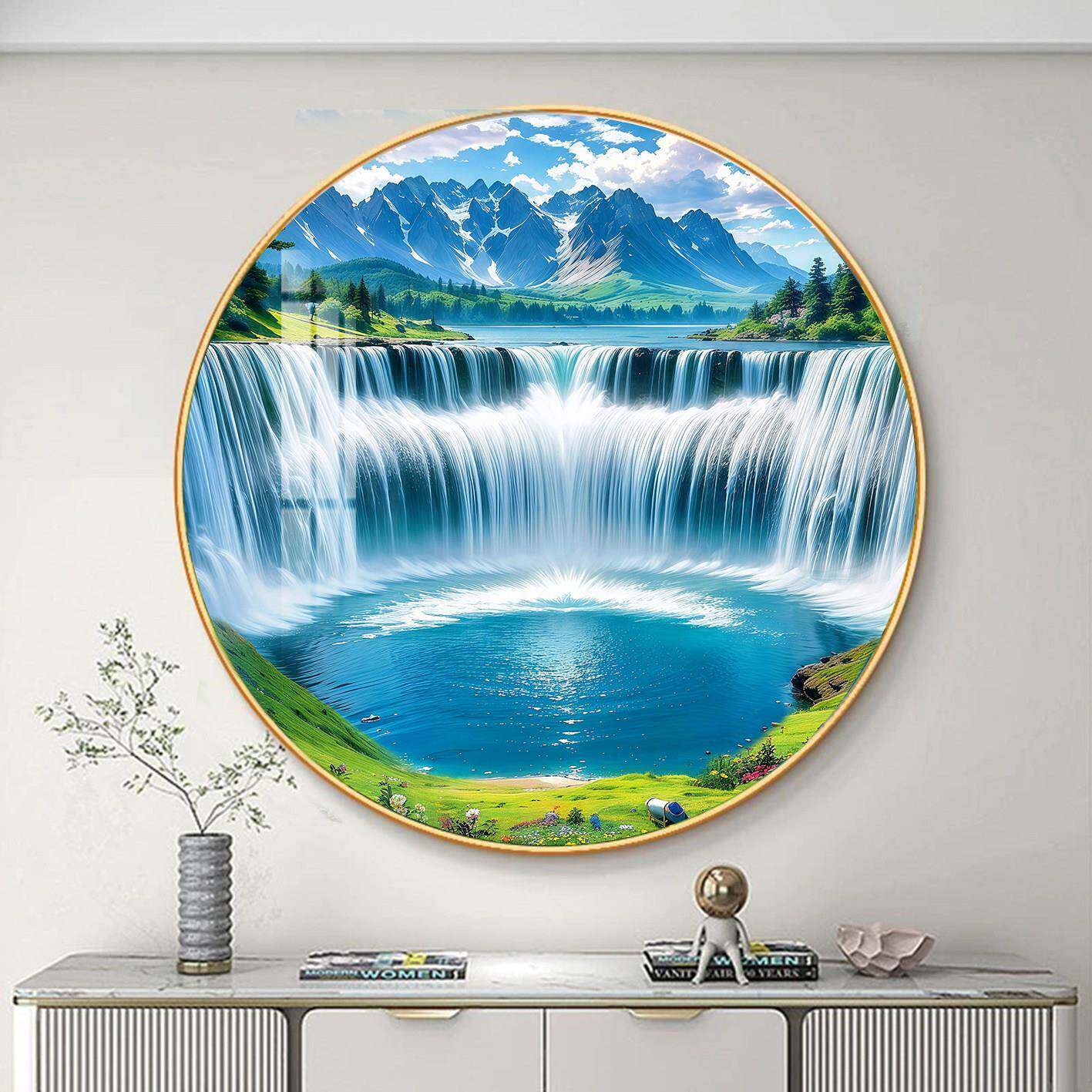 圆形聚宝盆流水瀑布山水画客厅沙发背景墙卧室床头风景晶瓷挂画