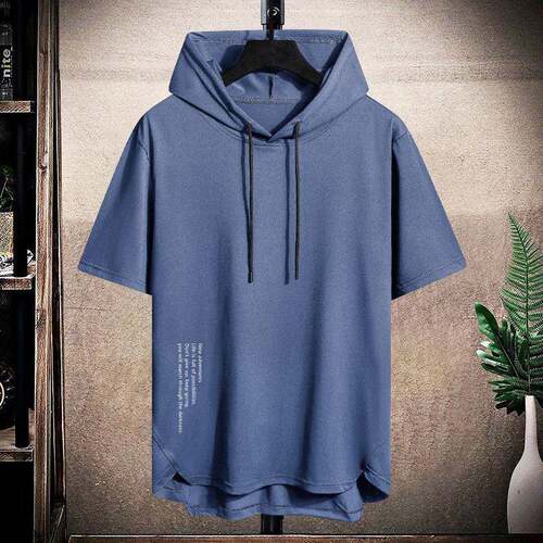 Men's Short Sleeve Hooded T-Shirt - Casual Hoodie Tee Text