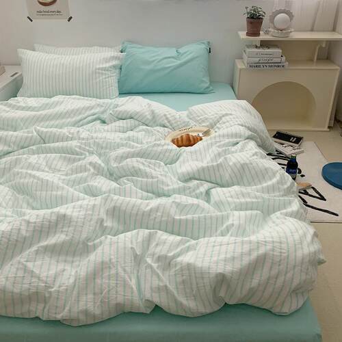 蓝色条纹床上用品四件套被套床单床笠被罩床上床品家纺4件套