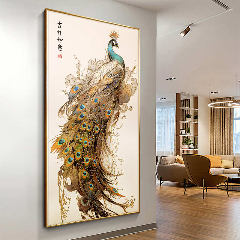 吉祥如意孔雀玄关装饰画入户正对门竖版壁画新中式挂画手工花鸟画图片