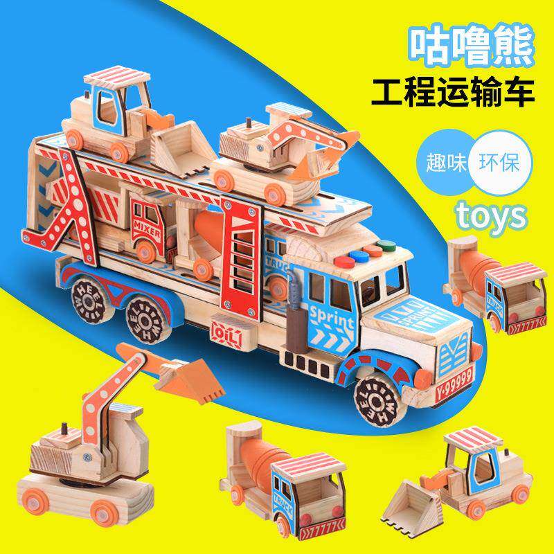 新款木制彩绘工程车模型双层运输车早教益智摆件玩具地摊