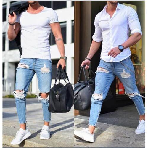 Men's jeans, worn-out pants, tight fitting mid waist