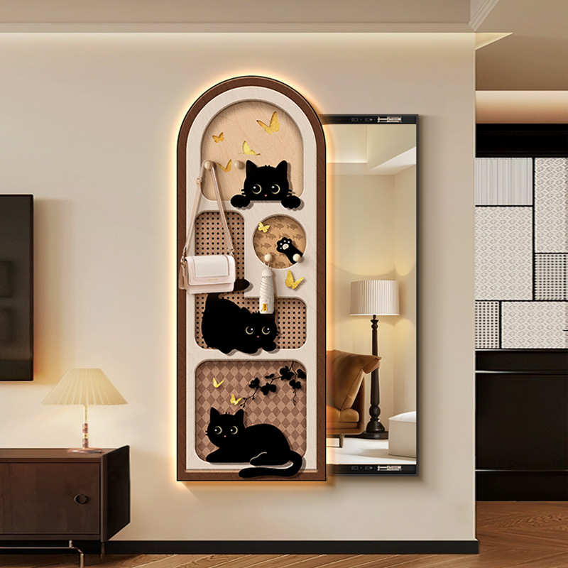 猫咪全身装饰画美洞洞隐藏式古风推拉穿衣镜中玄关镜板拉德壁灯子
