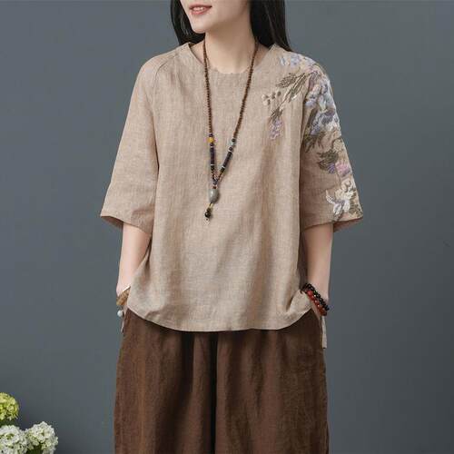 Women's thin embroidered Chinese style T-shirt top