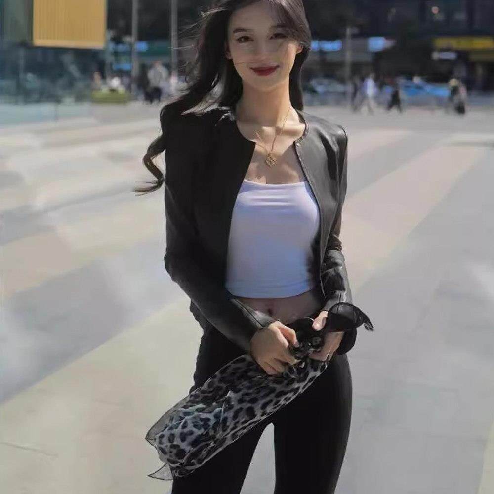休闲皮衣外套女2025春秋新款港风高级感短上衣修身圆领潮牌机车服