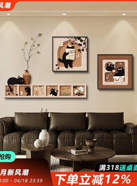 中古风客厅装饰画猫咪沙发餐背景墙挂感画高级绿复古植厅组100116