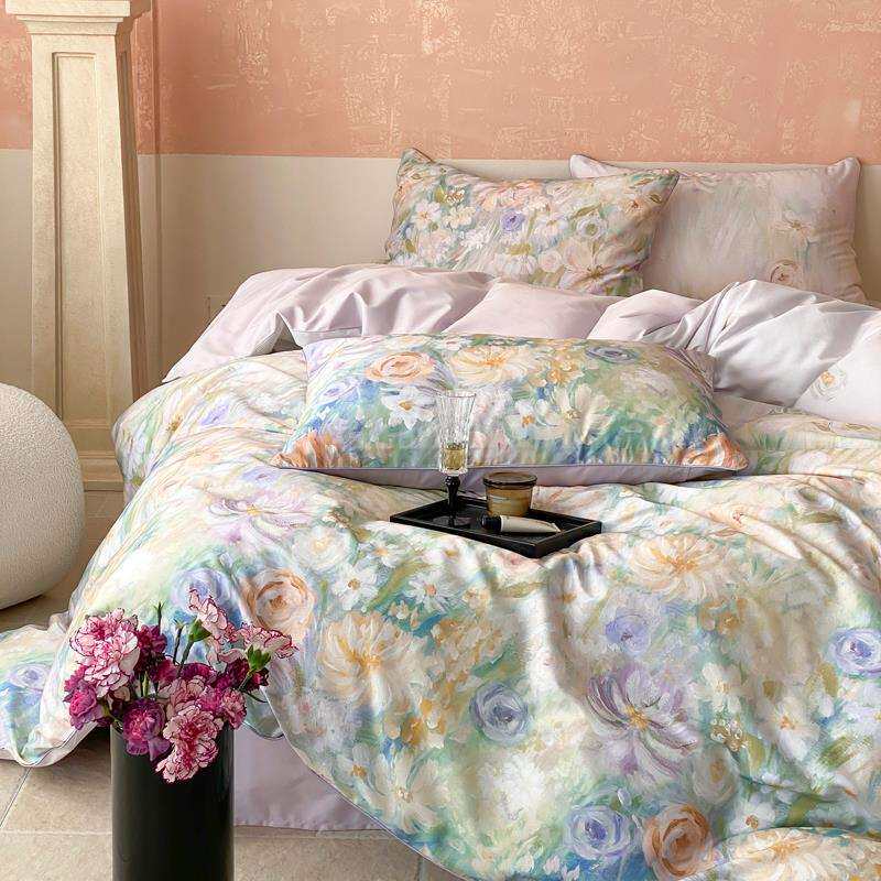 美式田园风长绒棉四件套全棉纯棉花卉滚绳被套床单笠1.8m四季床品