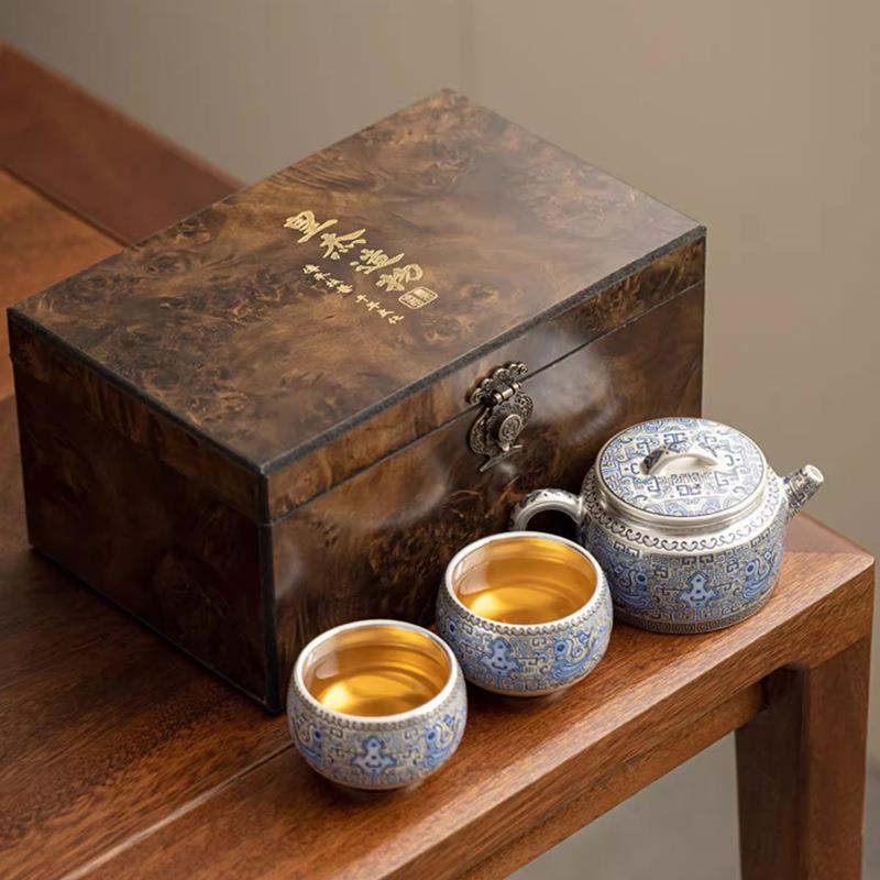 皇杰造物鎏银茶壶功夫茶具套装一壶二杯汉瓦玄鸟壶高档礼物礼品