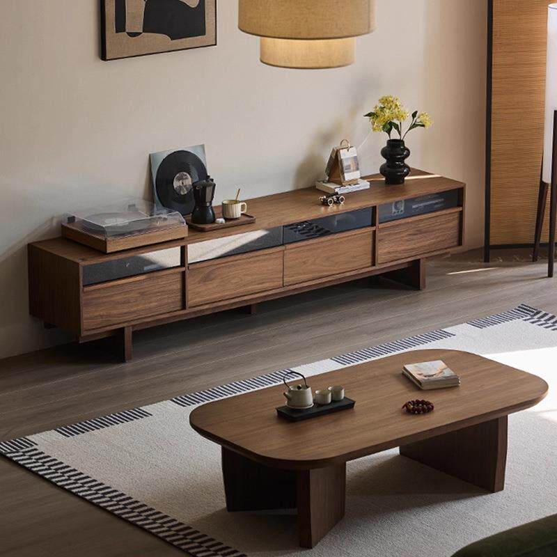 中古风胡桃色电视柜简约客厅家用收纳柜实木大小户型落地柜储物