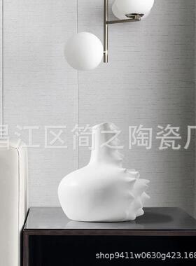 现代简约素烧白色陶瓷波浪纹花器花瓶摆件样板房售楼处软装饰品
