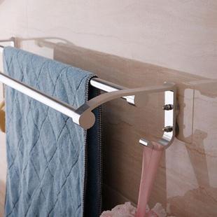 免打孔双杆毛巾架 太空铝亮银浴巾架 多功能毛巾挂带挂钩