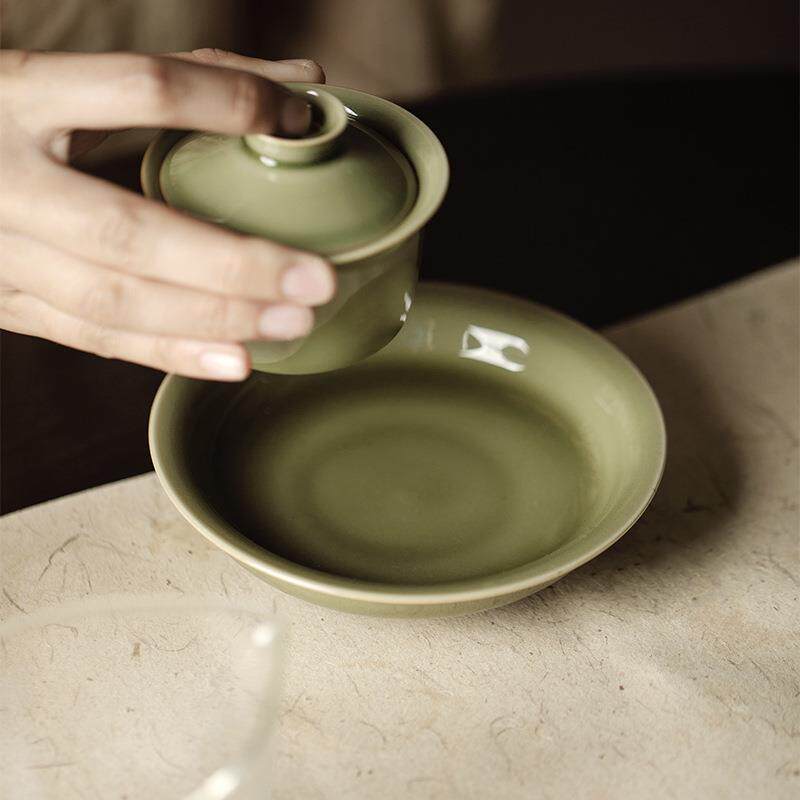 越窑青瓷手工圆形壶承功夫茶具茶道配件干泡盘果盘餐盘茶点盘