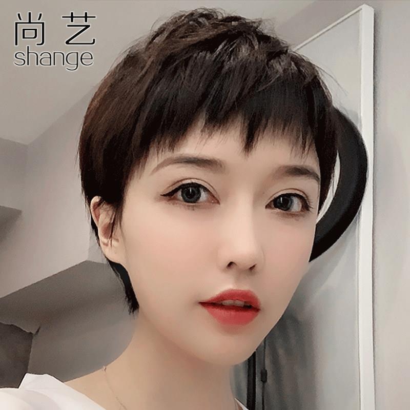 假发女短发狗啃刘海超短发造型全真发纹理短发夏天薄款全头假发套