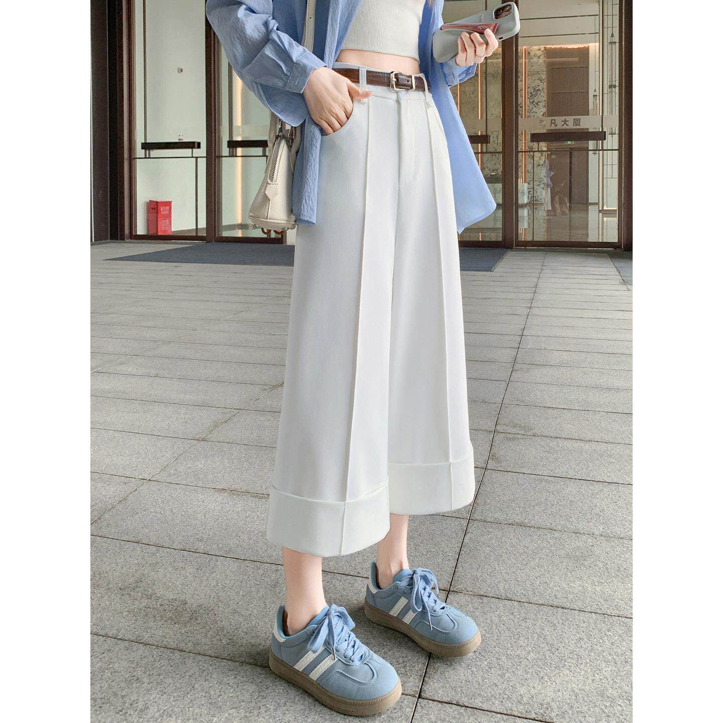 Canary Kiss白色卷边西装阔腿裤女夏季高腰宽松小个子直筒八分裤