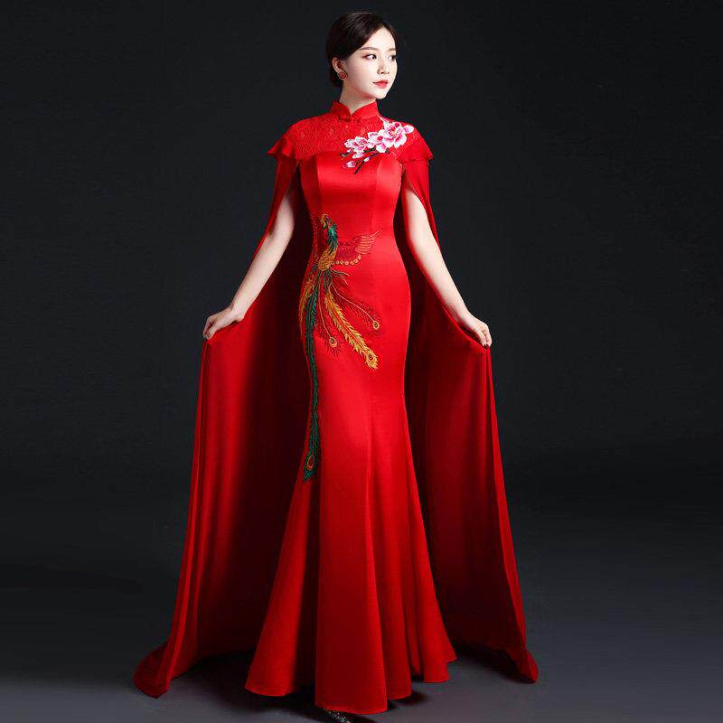 中国风晚礼服2025高贵气质长版鱼尾修身公司年会演出服披风敬酒服