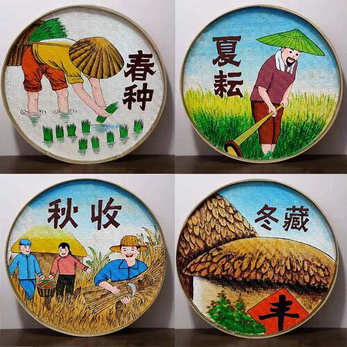 手绘竹编簸箕画休闲农场装饰农耕文化乡村振兴田园墙面墙壁挂饰挂