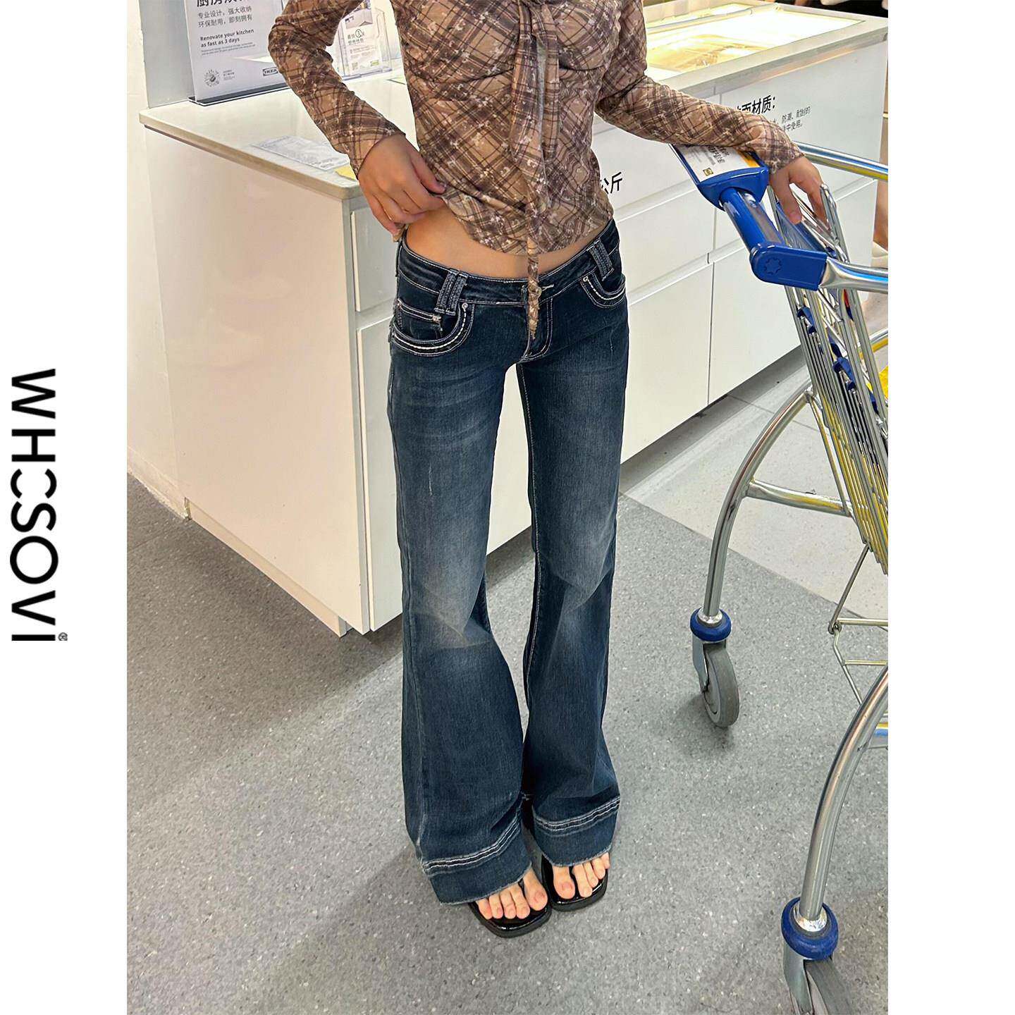 易梦玲同款低腰微喇牛仔裤女2026新款深蓝色美式修身辣妹喇叭裤子