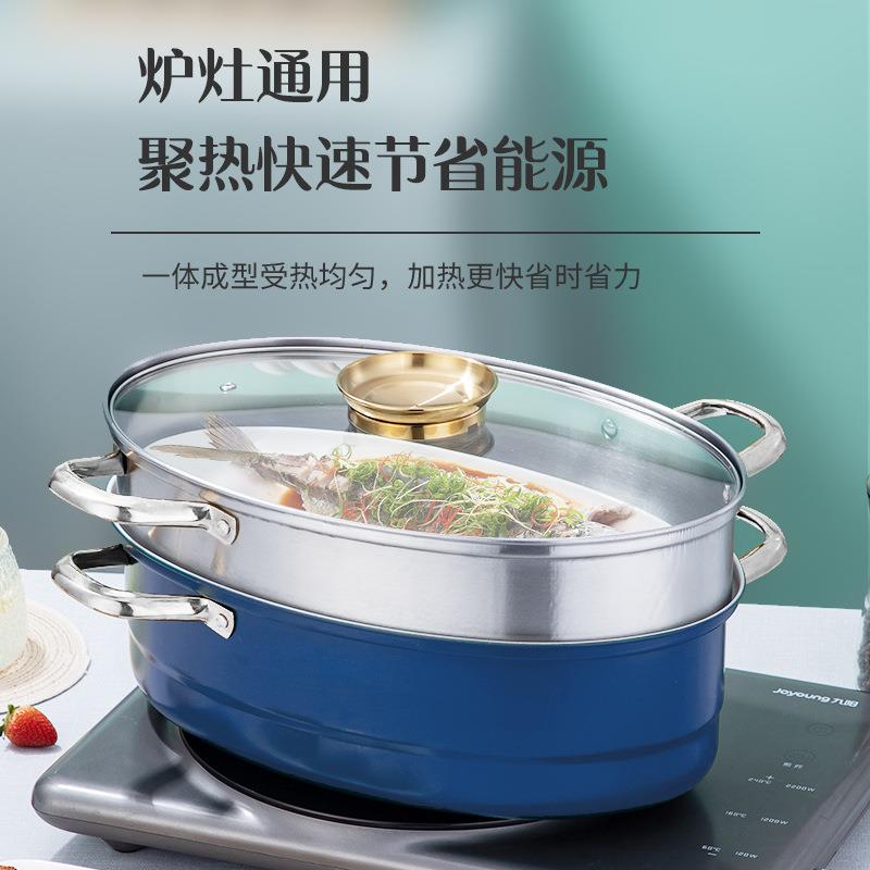 睿耐尔不锈钢蒸鱼锅家用双层椭圆大号蒸煮锅不粘多功能蒸锅神器