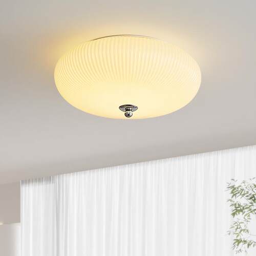 现代简约吸顶灯卧室灯 奶油色中古风LED房间主卧复古玻璃圆形灯
