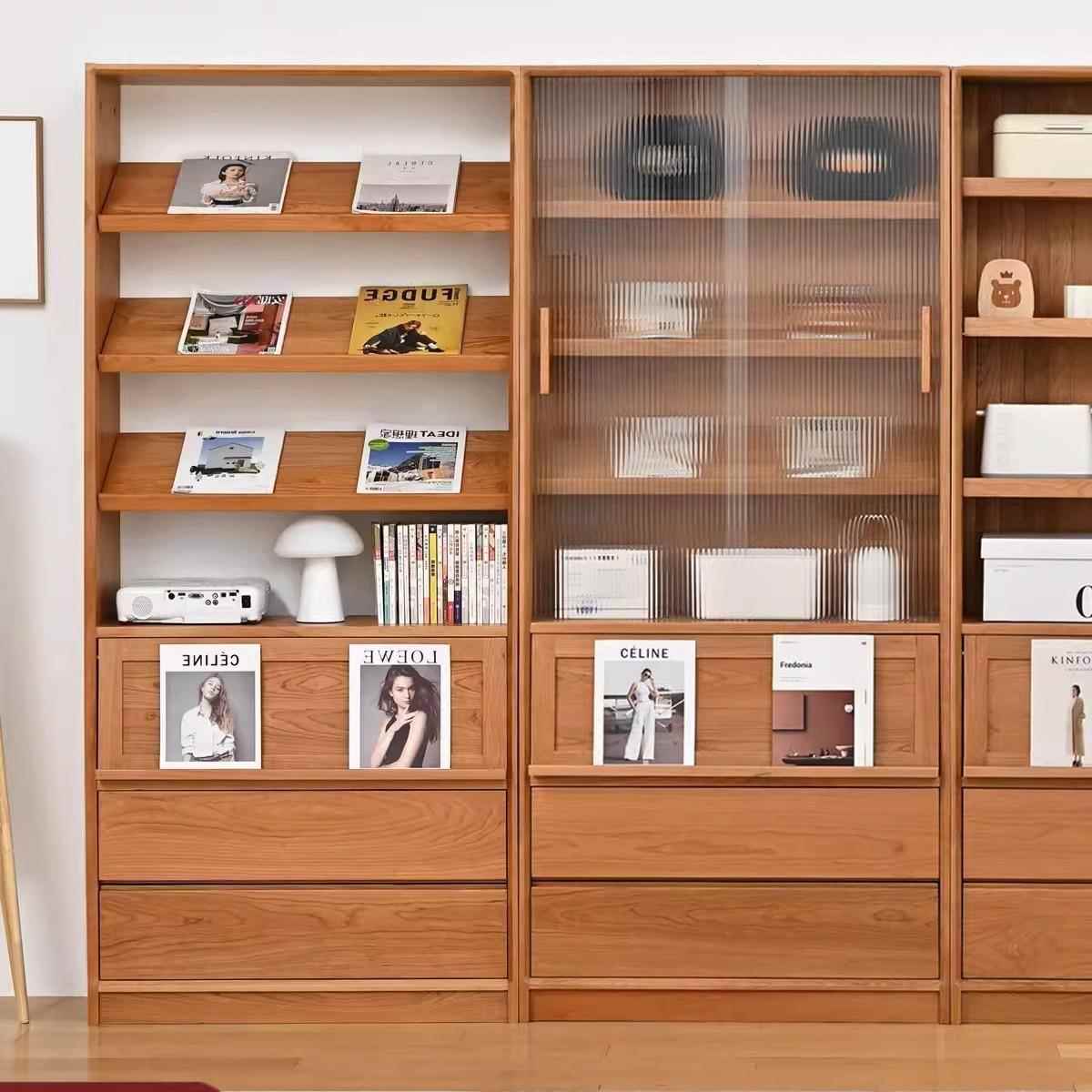 北欧实木书柜家用小户型带玻璃门落地收纳书架卧室简约满墙书柜