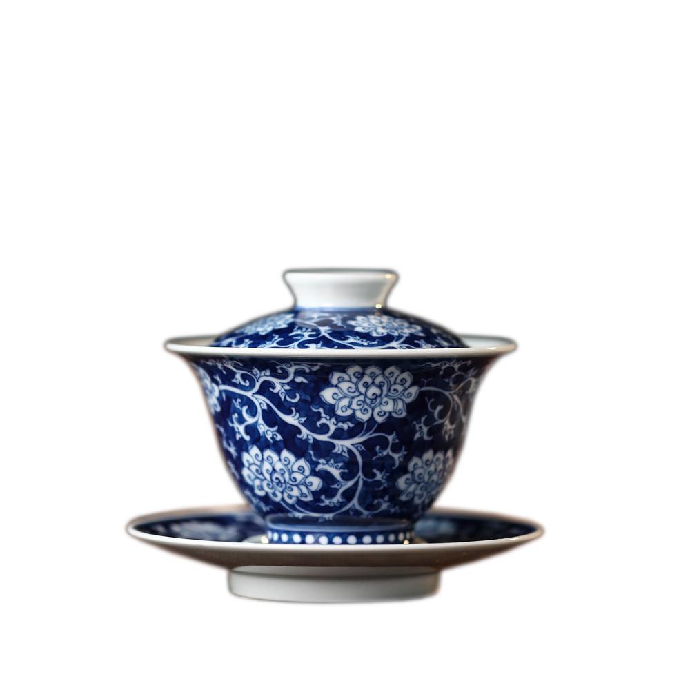 原矿青花景德镇陶人临古仿明宣德手绘青花留白缠枝莲纹盖碗三才杯