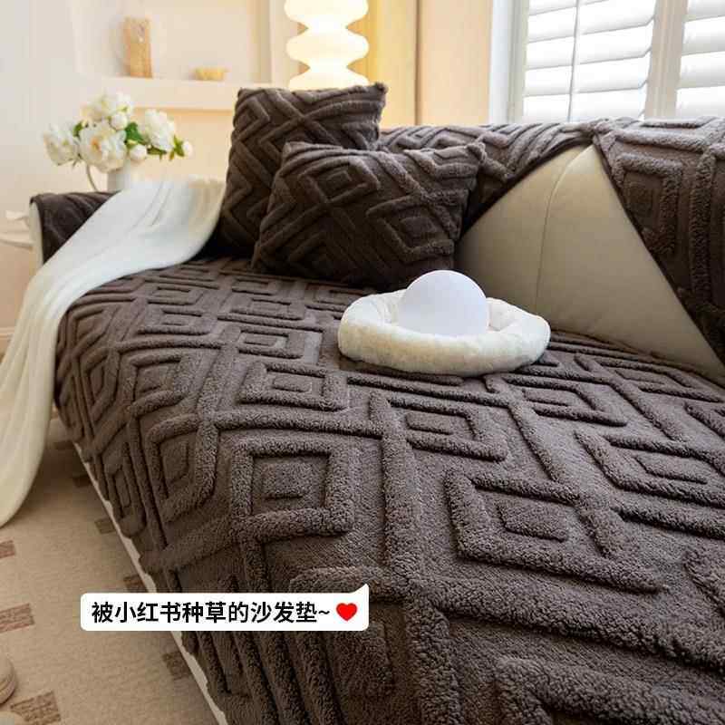 奶油风撸猫感毛绒沙发垫加厚保暖秋冬新款防滑坐垫子沙发套罩盖毯