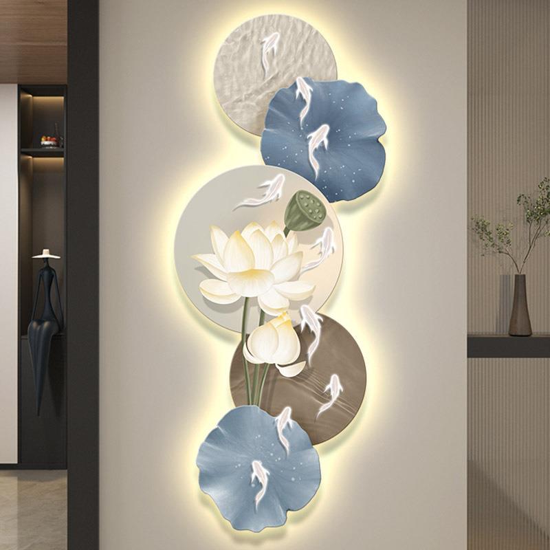 NUE轻过奢九鱼图l简e带灯入户玄关装饰画约现代走廊道d挂画壁画灯
