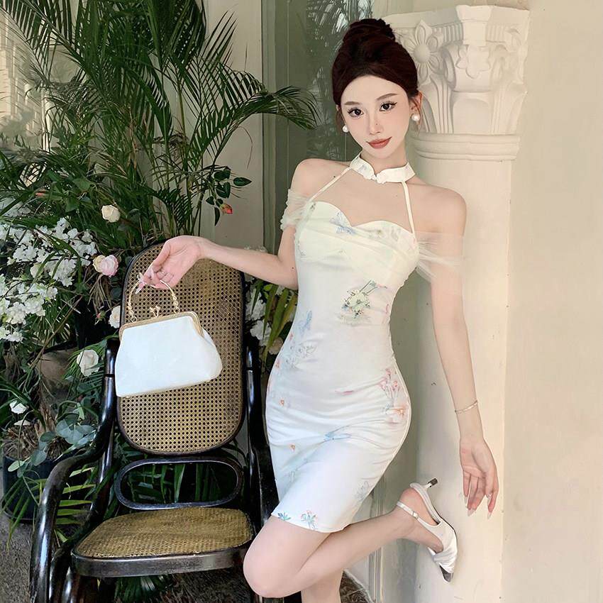 实拍库存~新的中国风改进性感旗袍妇女的网格拼接苗条的臀抱裙短
