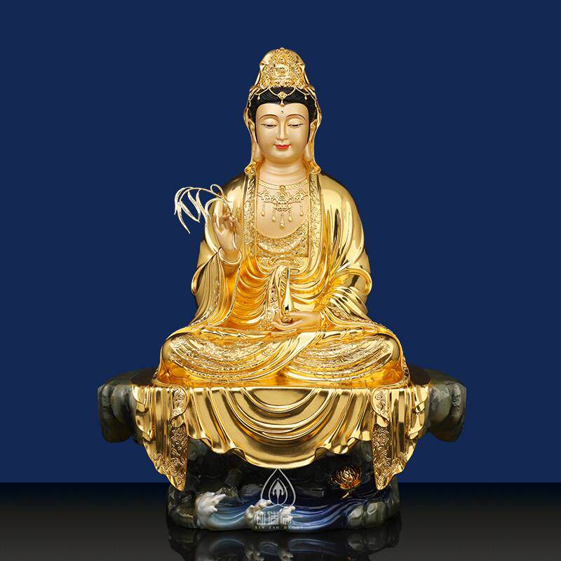 观音菩萨佛像黄铜贴金摆件家居供奉摆件台湾鎏金铜像高温着色16寸