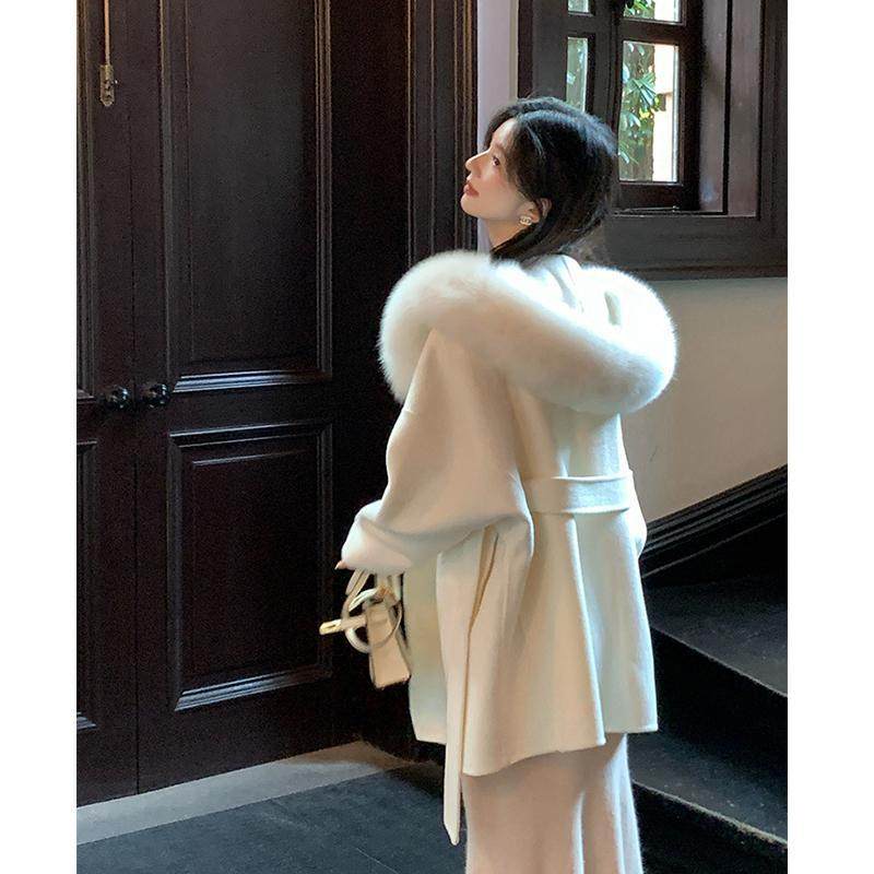 白色双面羊绒斗篷大衣女2024秋冬新款高级感连帽狐狸毛羊毛呢外套