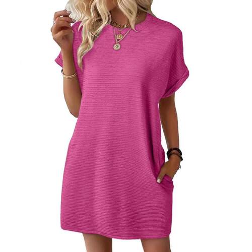 Round neck pocket short sleeved dress for women