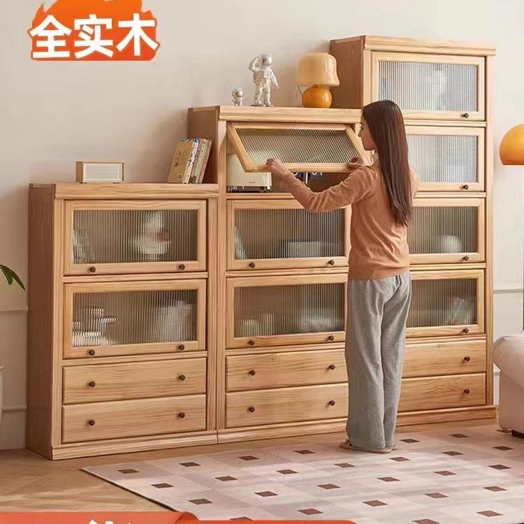 多层实木书柜玻璃门防尘收纳储物柜原木客厅中式置物架落地书架