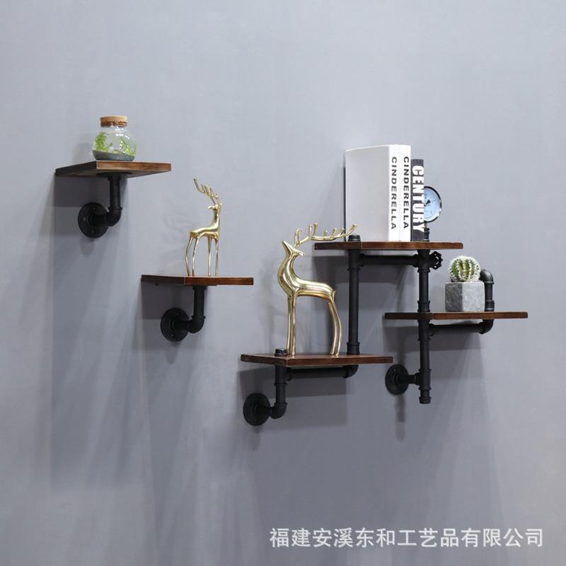 美式复古工业风水管置物架 铁艺实木壁挂搁板装饰客厅书架厂供
