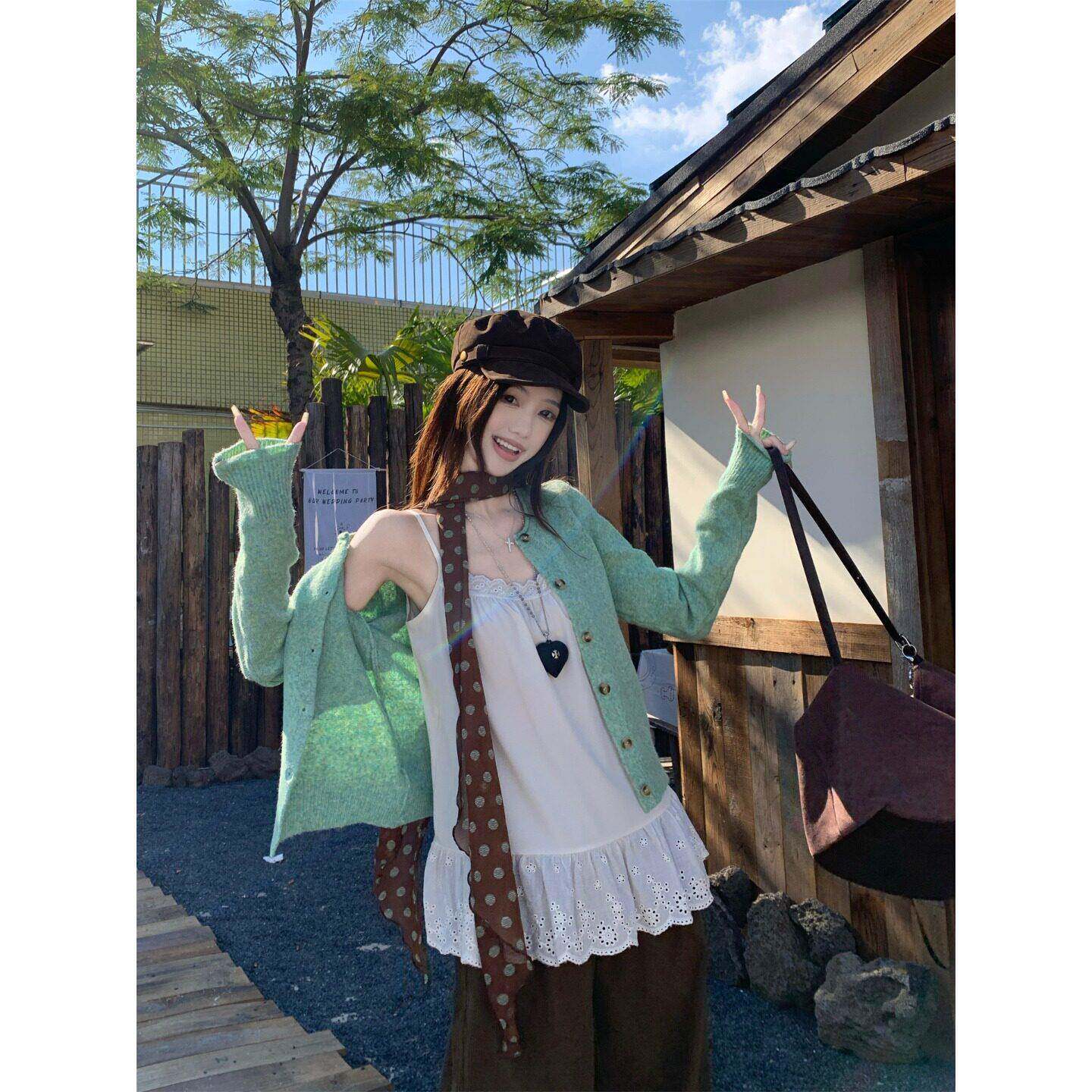 甜美套装软糯毛衣针织开衫外套上衣女夏季内搭镂空吊带背心两件套