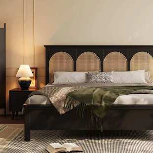 复古美式 古风主卧民宿 实木床藤编1.5m复古双人床1.8m现代简约法式