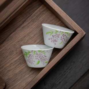 影青手绘紫藤花小茶杯单杯家用客杯茶盏陶瓷功夫茶具品茗杯釉下彩