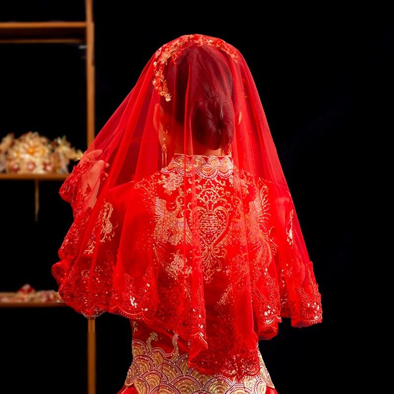 红色中国风结婚新娘红盖头半透明头纱秀禾服喜帕中式婚礼头纱头饰
