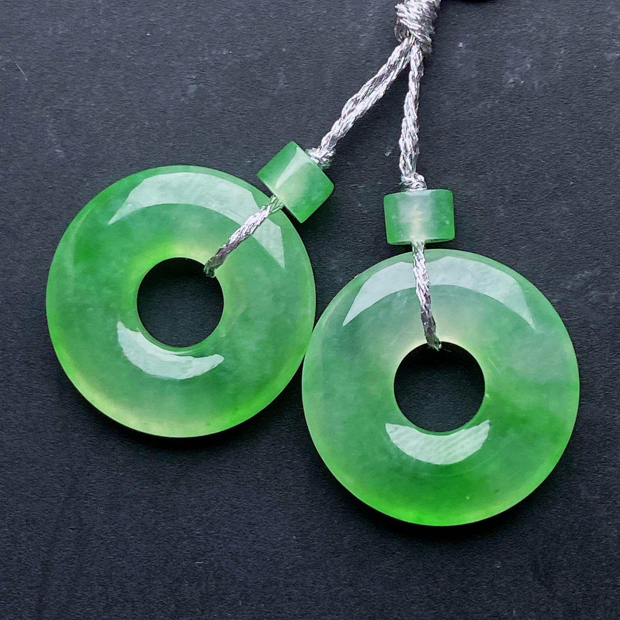缅甸天然翡翠a货冰绿甜甜圈耳坠一对镶嵌jc裸石15.3-3.1mm