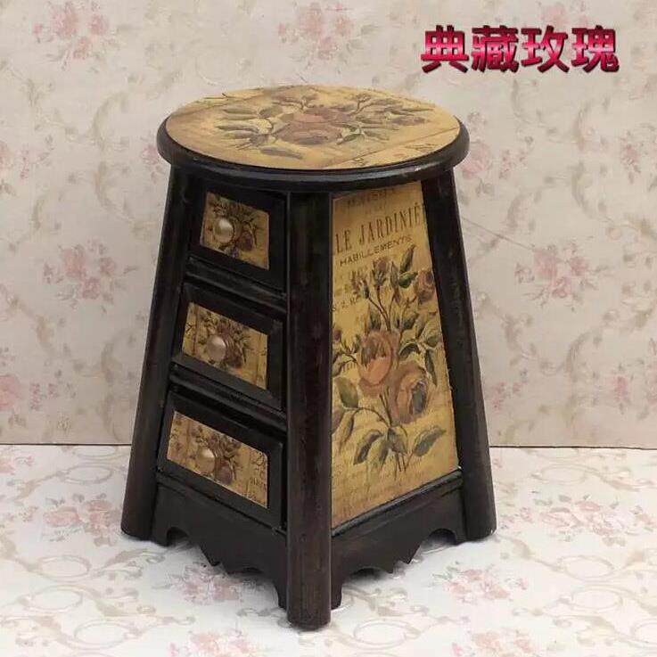 0A欧式田园韩式家具 实木收纳凳凳 圆凳三抽凳 梳妆凳 45