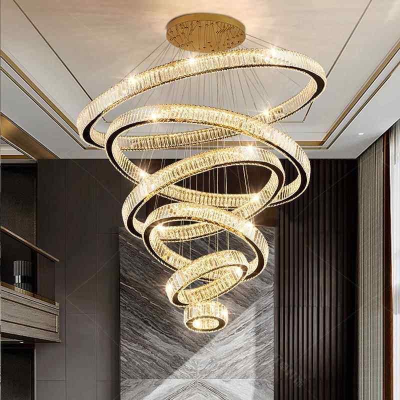 灯别客墅水晶大吊灯复式楼厅的主现轻奢风中空挑空67代楼梯间长灯