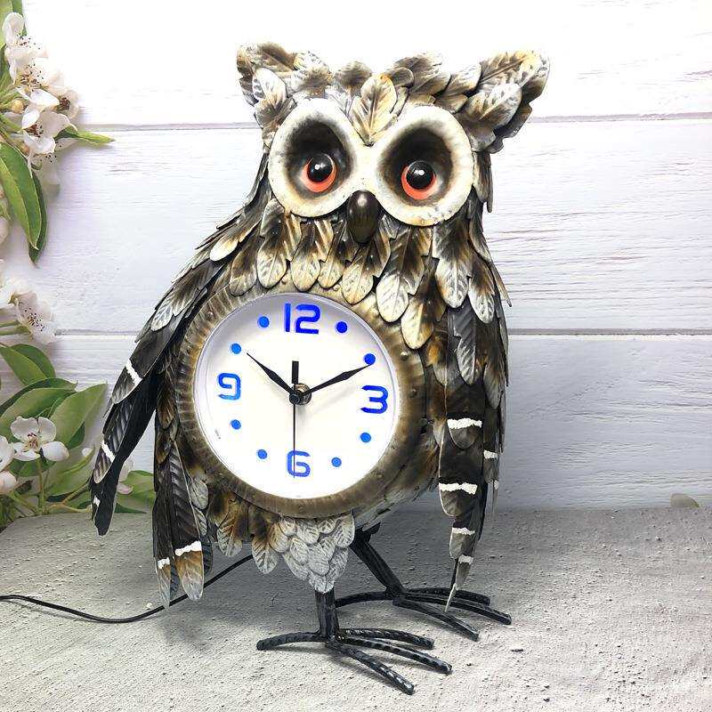 铁艺工艺钟座钟 猫头鹰创意钟表 客厅轻奢摆钟动物夜光带灯36.5