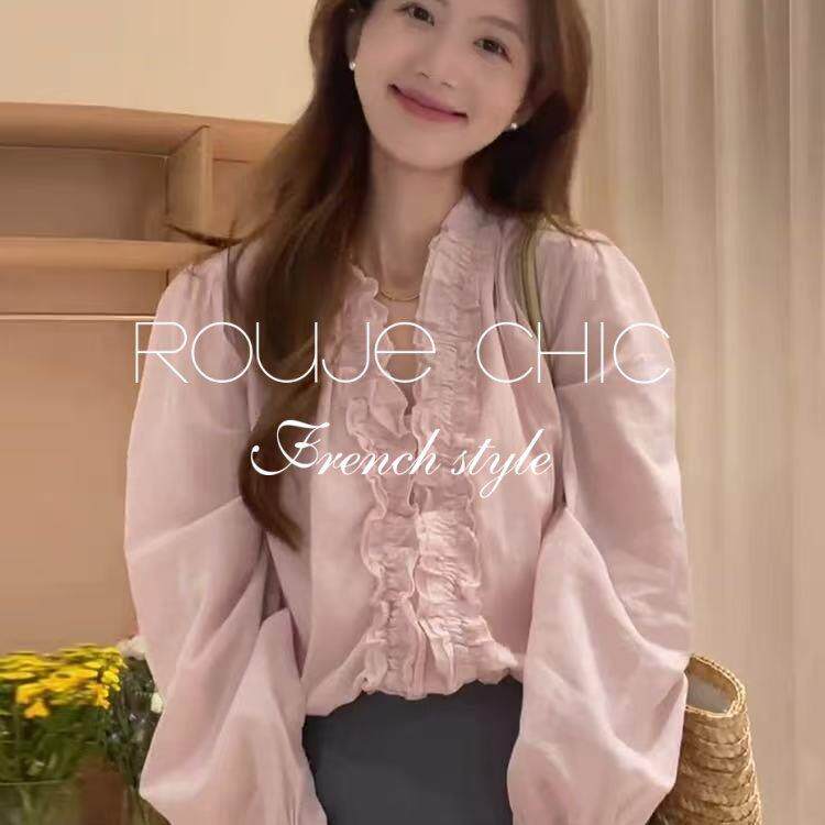 法国rouje chic春季粉色木耳边v领衬衫女法式修身泡泡袖减龄上衣